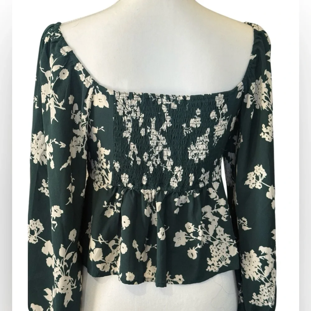 Abercrombie & Fitch Dark Green Floral Square-Neck Peplum Blouse
